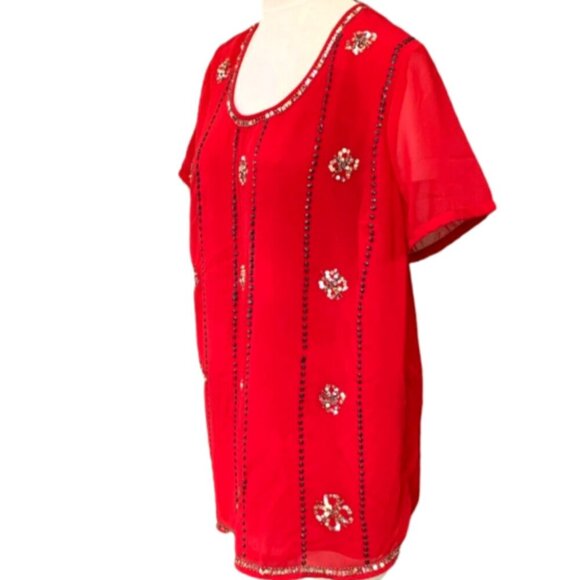 Ashley Stewart Sheer Short Sleeve Sequin Tunic Top Sz 14/16 Red #194B - Picture 4 of 9